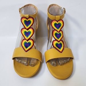 Royal Monk mustard yellow chunky heels with rainbow hearts women's size 6